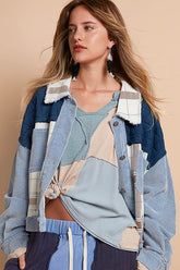 POL Corduroy Jacquard Patchwork Button Up Jacket Light Blue OutfitFlow